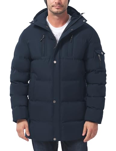 LZACTOIN-X Men's Long Winter Coat Thicken Insulated Waterproof Puffer Jacket Two-Way Zipper Hooded Windbreaker Parka