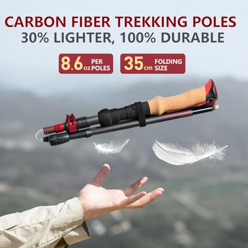 BISINNA Carbon Fiber Trekking Poles Collapsible Hiking Poles Lightweight Walking Sticks with Cork Handle Quick Lock for Wo...