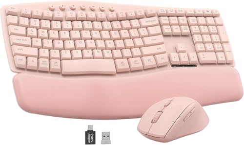 Pink Quiet Wireless Keyboard and Mouse Combo, 2.4G Ergonomic Wave Key Board with Cushioned Plam Rest, Full-Size Soft Typin...