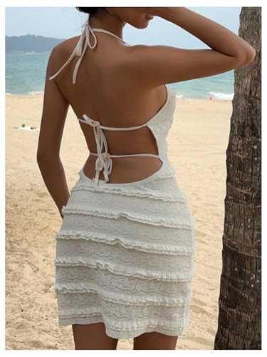 GORGLITTER Women's Backless Halter Neck Bodycon Mini Dress Sleeveless Deep V Neck Open Back Ruffle Knit Pencil Short Dresses