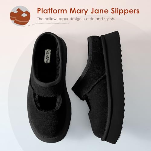 Vilanva Platform Slippers for Women Cozy Fur Lined Slip on Mary Jane Winter Shoes Warm Comfy House Slippers for Indoor Out...