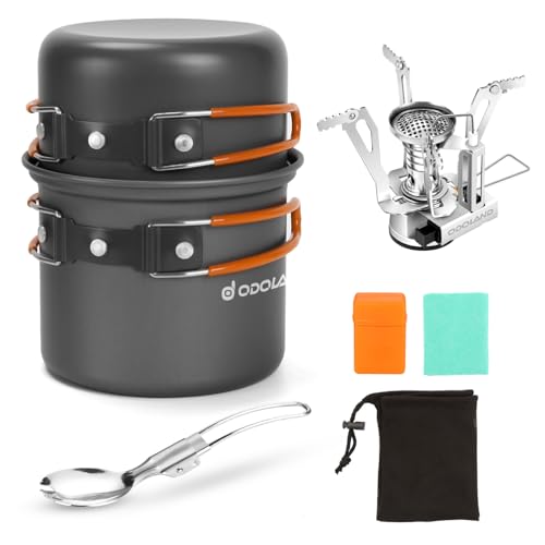 Odoland 6pcs Camping Cookware Mess Kit with Lightweight Pot, Stove, Spork and Carry Mesh Bag, Great for Backpacking Outdoo...