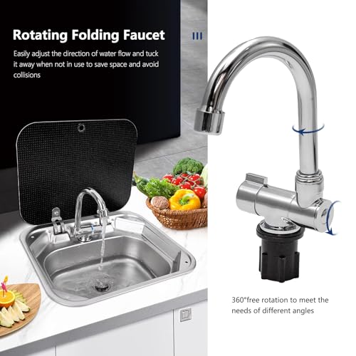 GZOII Portable RV Sink, 16.54×14.57×5.91 Inch Small Stainless Steel Bar Camping Sink with Folde Faucet and Tempered Glass ...