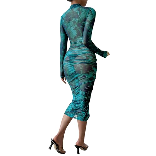 Kasopp Women’s Sheer Mesh Sexy Bodycon Long Sleeve Ruched Maxi Dress Printed Slim Fit Party Club Dresses