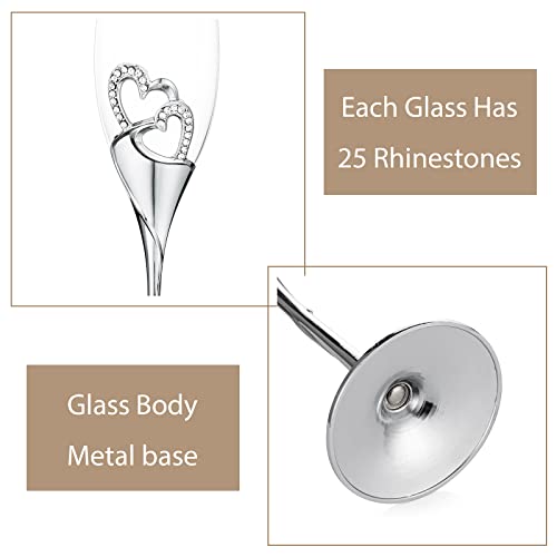 Sziqiqi Wedding Champagne Glass Set Silver Toasting Flute Glasses Pack of 2 with Rhinestone Rimmed Hearts Decoration for W...