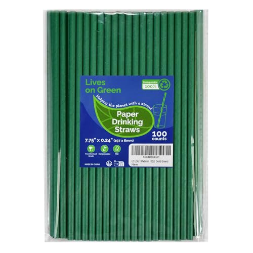 Lives on Green Disposable Paper Straws Solid Green - 7.75'' x 0.24'', 100 Counts - for Drinking, Beverage, Juice, Soda, Ba...