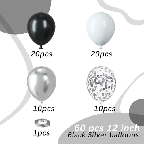 Black and Silver Balloons, 60pcs 12 Inches Black White Silver Confetti Balloons with 1 Ribbon for Birthday, Baby Shower, W...