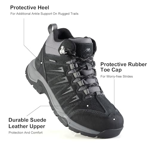 OUTJET Men's Waterproof Hiking Boots Lightweight Comfortable Leather Mid Ankle Outdoor Trekking Boot