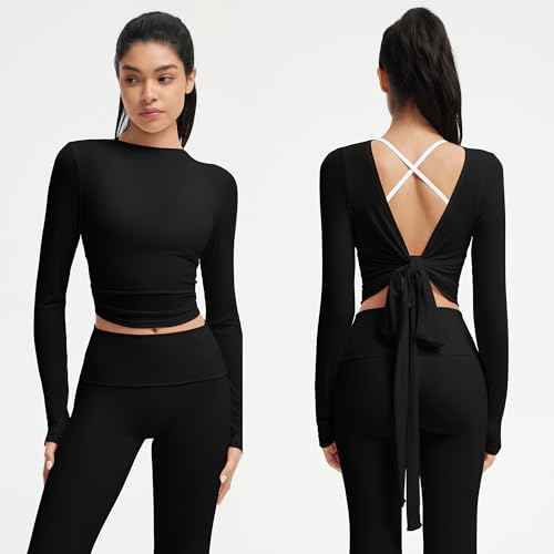 SUUKSESS Women Pilates Wrap Workout Cropped Top Ribbed Long Sleeve V Neck Tie Front Ballet Yoga Shrug Blouse