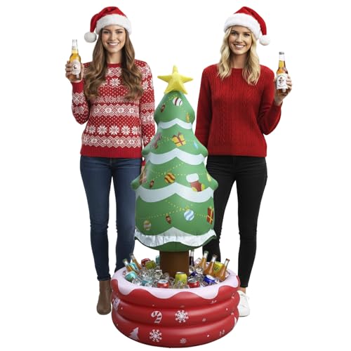 Inflatable Christmas Tree Cooler, Holiday Drink Holder & Ice Bucket for Parties, Christmas in July Decoration, 56 x 26 x 2...