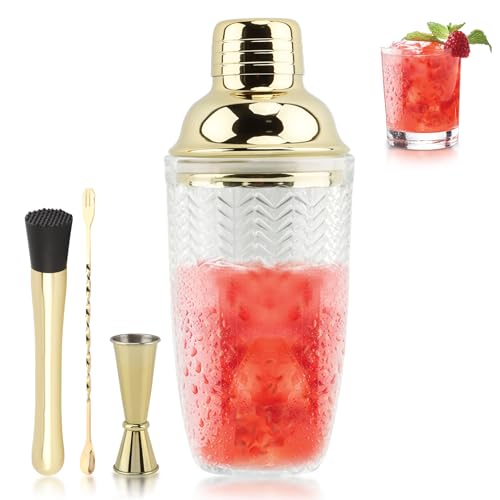 Gold Cocktail Shaker Set with Measuring Jigger, Mixing Spoon & Muddler – Home Bar Accessories for Cocktails & Protein Shak...