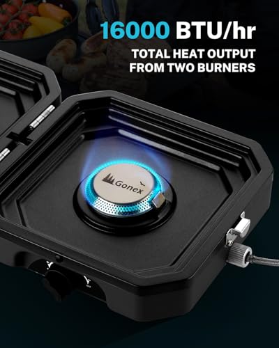 Gonex 2 Burner Propane Camping Stove with Griddle & Grates, Portable Foldable Cooking Stove with Total 16,000 BTU, Two Pie...