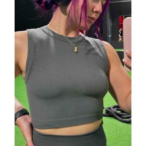 AUROLA Essentials Rib Seamless Sleeveless Tank for Women Subtle Logo Round Neck Active Workout Crop Tops