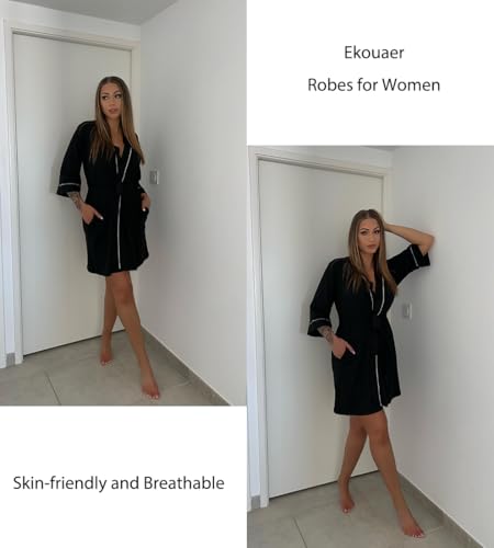 Ekouaer Women Kimono Robes Knee Length Knit Bathrobe Lightweight Soft Sleepwear V-neck Casual Ladies Loungewear