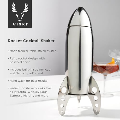 Viski Rocket Cocktail Shaker with Strainer Bar Set for Cold Brew Cocktails, Margarita, Espresso Martini, Stainless Steel M...