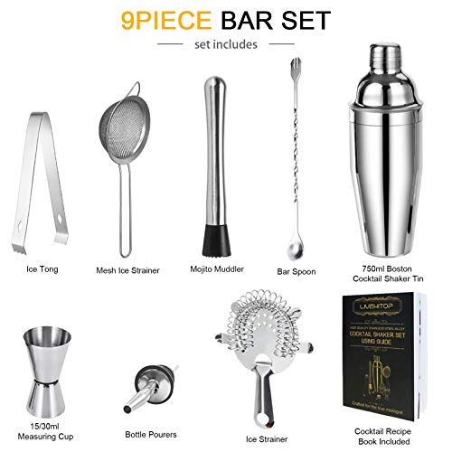 LIVEHITOP Cocktail Shaker Set, Stainless Steel Bartending Kit with 25 oz Martini Shaker, Jigger, Strainer, Mixing Spoon, M...