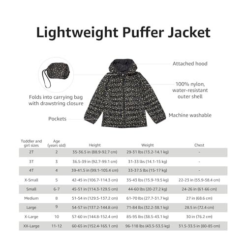 Amazon Essentials Girls and Toddlers' Lightweight Water-Resistant Packable Hooded Puffer Jacket