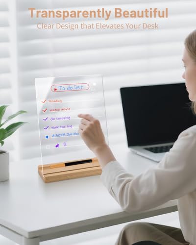 Clear Acrylic Dry Erase Board with Wood Stand – 9x12 Desktop Whiteboard for Writing, Drawing & Planning – Includes 6 Liqui...