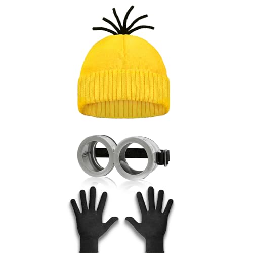Aursy 3 PCS Easter Halloween Costumes for Men Women Adults, Yellow Beanie, Steampunk Goggles, Black Gloves, Party Set Deco...