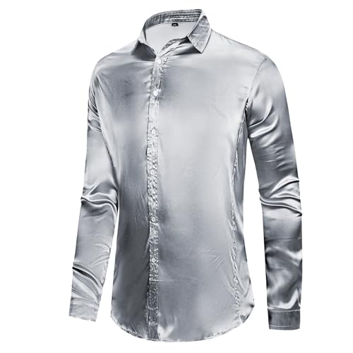 AOTORR Men's Luxury Shiny Silk Like Satin Button Up Dress Shirts Slim Fit Long Sleeve Nightclub Party Disco Prom Shirts