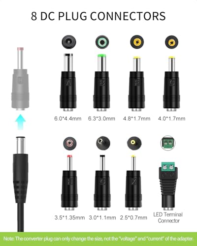12V 2A Power Supply AC Adapter Replacement with 8 Tips, Regulated 12 Volts 2000mA Cord Charger for LED Strip Light, CCTV C...
