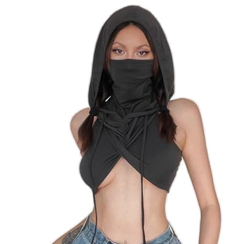 Women's Sleeveless Hooded Crop Top Y2k Streetwear Rave Outfit