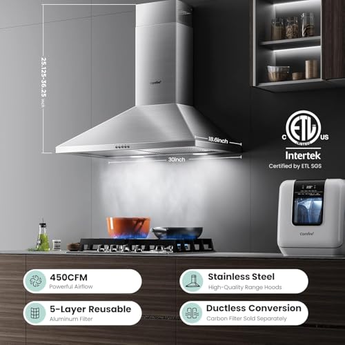COMFEE' CVP30W6AST Ducted Pyramid Range 450 CFM Stainless Steel Wall Mount Vent Hood with 3 Speed Exhaust Fan, 5-Layer Alu...