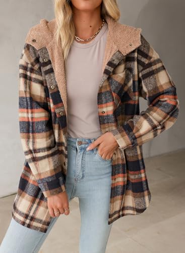 Dokotoo Women's Flannel Hooded Plaid 2025 Shacket Thick Coat Winter Coat for Warmth Button down Warm and Fuzzy Fleece Jacket
