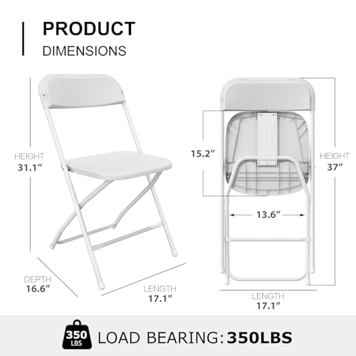 TRINEAR 10 Pack White Folding Chairs, Portable Party Chairs, Plastic Folding Chair,Stackable Commercial Seats with Steel F...