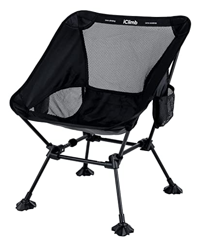 iClimb Ultralight Compact Camping Folding Beach Chair with Anti-Sinking Large Feet and Back Support Webbing (Black - Squar...