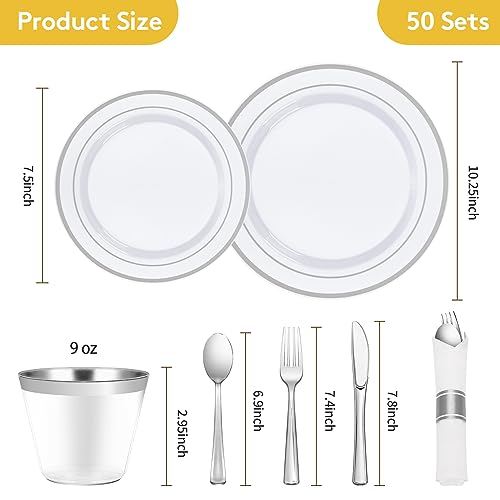 Goodluck 350 Piece Silver Plastic Dinnerware Set for 50 Guests, Fancy Disposable Plates for Party, Include: 50 Dinner Plat...