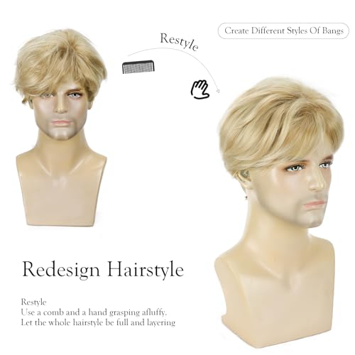 YYHR Mens Blonde Wig Short Layered Natural Fluffy Wig Synthetic Male Guy Daily Wear Anime Costume Halloween Cosplay Party