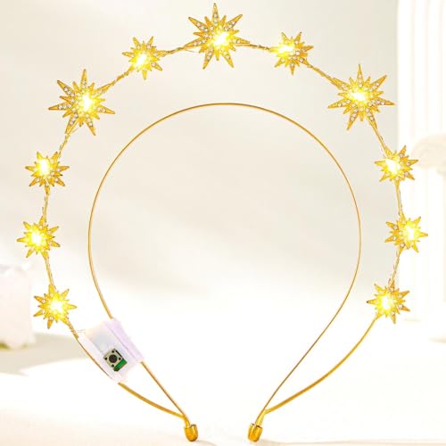DRESBE Light Up Greek Goddess Headband New Year LED Star Crown Headbands Glow NYE Party Hair Accessories for Women (Gold)