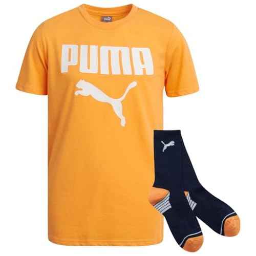 PUMA Boys T-Shirt - 2 Piece Casual Crewneck Short Sleeve Athletic Graphic Tee Shirts for Boys with Matching Socks (S-XL)