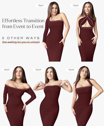 Popilush Women's Long Sleeve Maxi Dress Built-in Shapewear Bra Square Neck Fall Formal Wedding Guest Cocktail Bodycon Dresses
