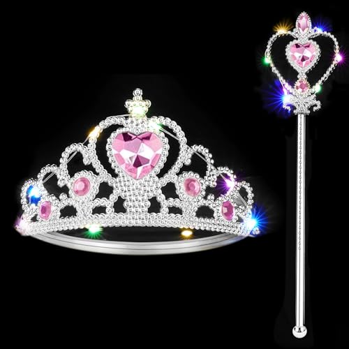 Vicloon 2PCS Light Up Princess Crown and Wands, Princess Dress Up Accessories for Little Girls Christmas Birthday Cosplay