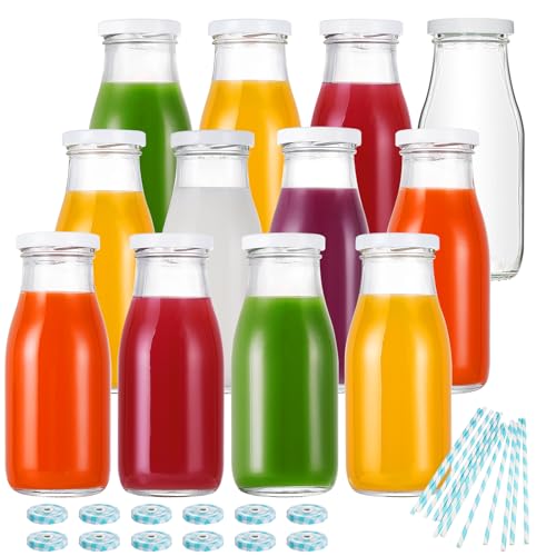 YEBODA 11oz Glass Milk Bottles with Reusable Metal Twist Lids and Straws for Beverage Glassware and Drinkware Parties, Wed...
