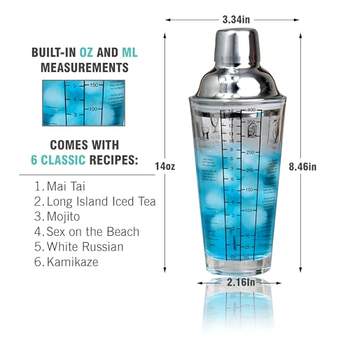 EVERYDAY COCKTAIL - Professional Glass Cocktail Shaker 14 oz, Martini Shaker with Recipes and Measurements, Built-in Strai...