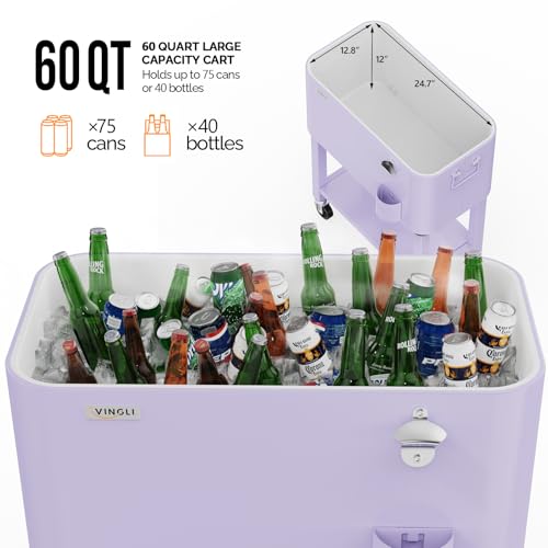 VINGLI Patio Cooler, Rolling Ice Chest on Wheels, Portable Patio Party Bar Drink Cooler Cart, with Shelf, Beverage Pool wi...