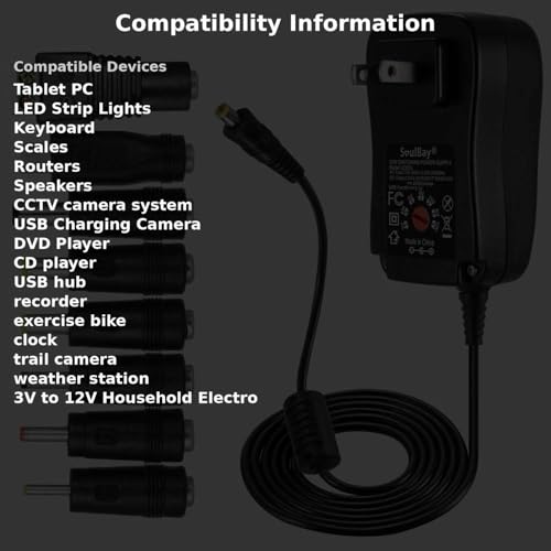 SoulBay 12V Power Supply Universal AC DC Adapter Charger with Adjustable Output 5V 9V 3V 6V 4.5V 7.5V 12 Volt 1A 1.5A 2A for LED Strip Light CCTV Camera BT Speaker GPS Webcam Router, 5 FT Cord, 30W