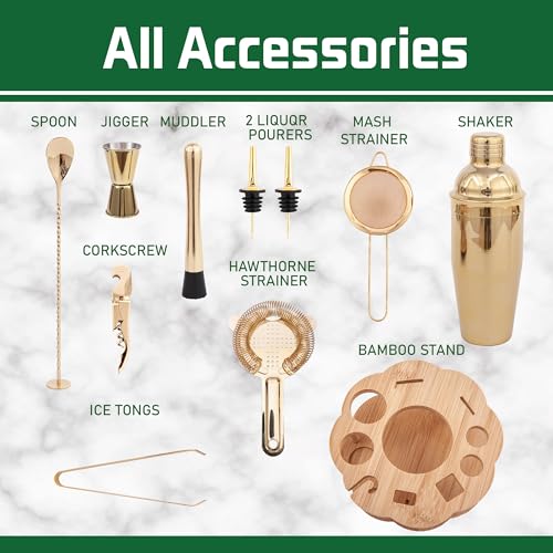 JWJIUEJIU Cocktail Shaker Set Bartender Kit with Rotatble Bamboo Stand,11 Piece Bar Set Stainless Steel Bar Accessories fo...