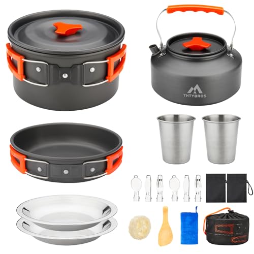 THTYBROS 17pcs Camping Cookware Kit, 0.45Gal Pot, 7inches Pan,0.30Gal Kettle Set with 2 Set Stainless Steel Cups Plates Fo...