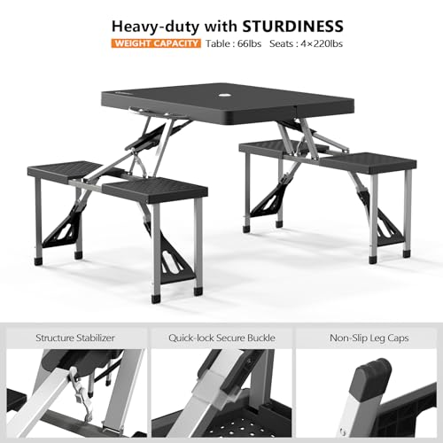 VINGLI 4Ft Portable Folding Picnic Table Camping Table Foldable Set with 4 Seats with Umbrella Hole Suitcase Card Table-22...