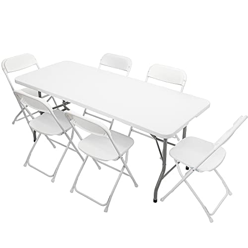 VINGLI 6 FT Plastic Folding Table Set with 6 White Folding Chairs for Picnic, Event, Training, Outdoor Activities, at Home...