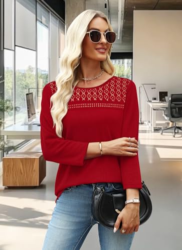 OFEEFAN 3/4 Length Sleeve Womens Tops Spring Fall Fashion 2026 Dressy Casual Blouses Lace Trendy Waffle Knit Shirts