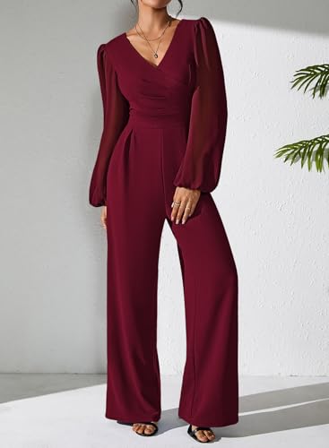 Pink Queen Jumpsuits for Women Dressy Patchwork Chiffon Sleeve V Neck Wide Leg Romper Holiday Party Outfits