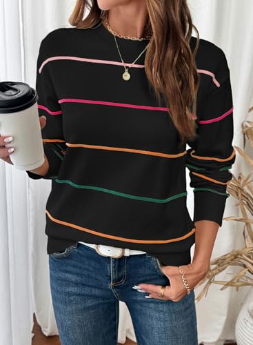 SHEWIN Womens Sweaters Crew Neck Knit Long Sleeve Striped Sweater Fall Outfits for Women 2025