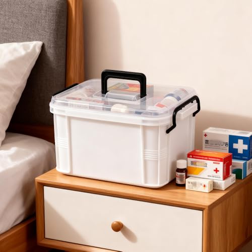 HEY FOLY 15qt White Medicine Organizer Storage Box with Tray, Plastic First Aid Box Empty, Thickened Medicine Container Ch...