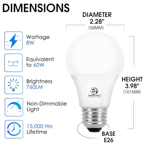 Energetic 24 Pack LED Light Bulbs 60 Watt Equivalent, A19 Warm White 3000K, E26 Base, Non-Dimmable, 8W 760lm, ETL Listed