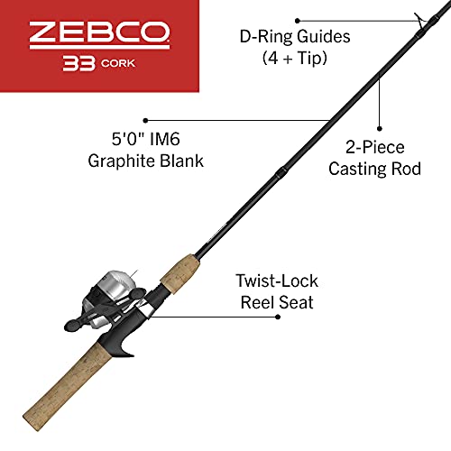 Zebco 33 Cork Reel and Fishing Rod Combo, Graphite Rod with Cork Handle, QuickSet Anti-Reverse Fishing Reel with Bite Aler...